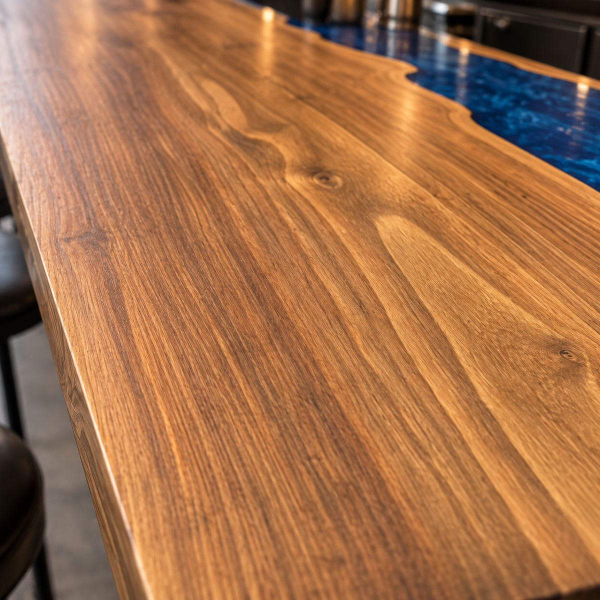 Walnut Wood Blue Epoxy L-Shape Bar Table for Restaurant