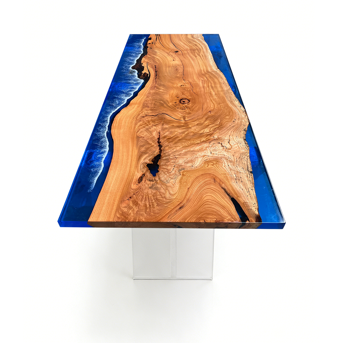 Rectangle Olive Wood Blue Epoxy Resin Ocean Wave Dining Table