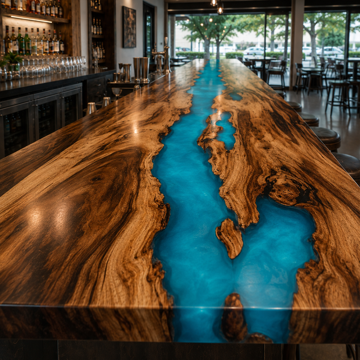 Walnut Wood Ocean Wave Inlay Counter Height Epoxy Resin Bar Table