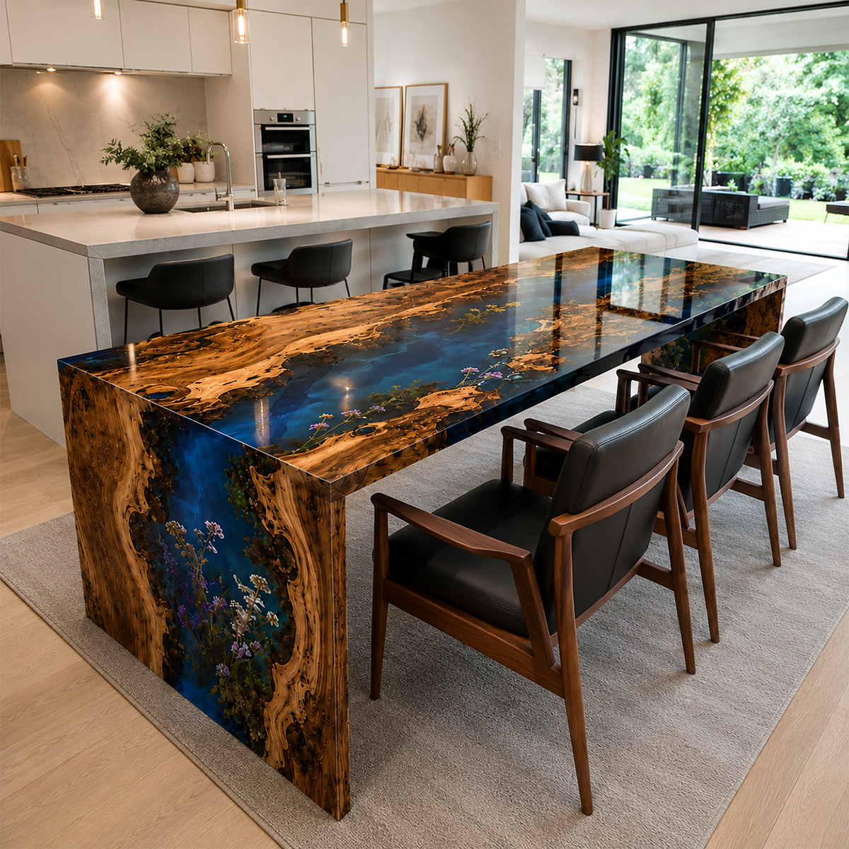 Walnut Wood Flower Blue Epoxy Resin Waterfall Dining Table