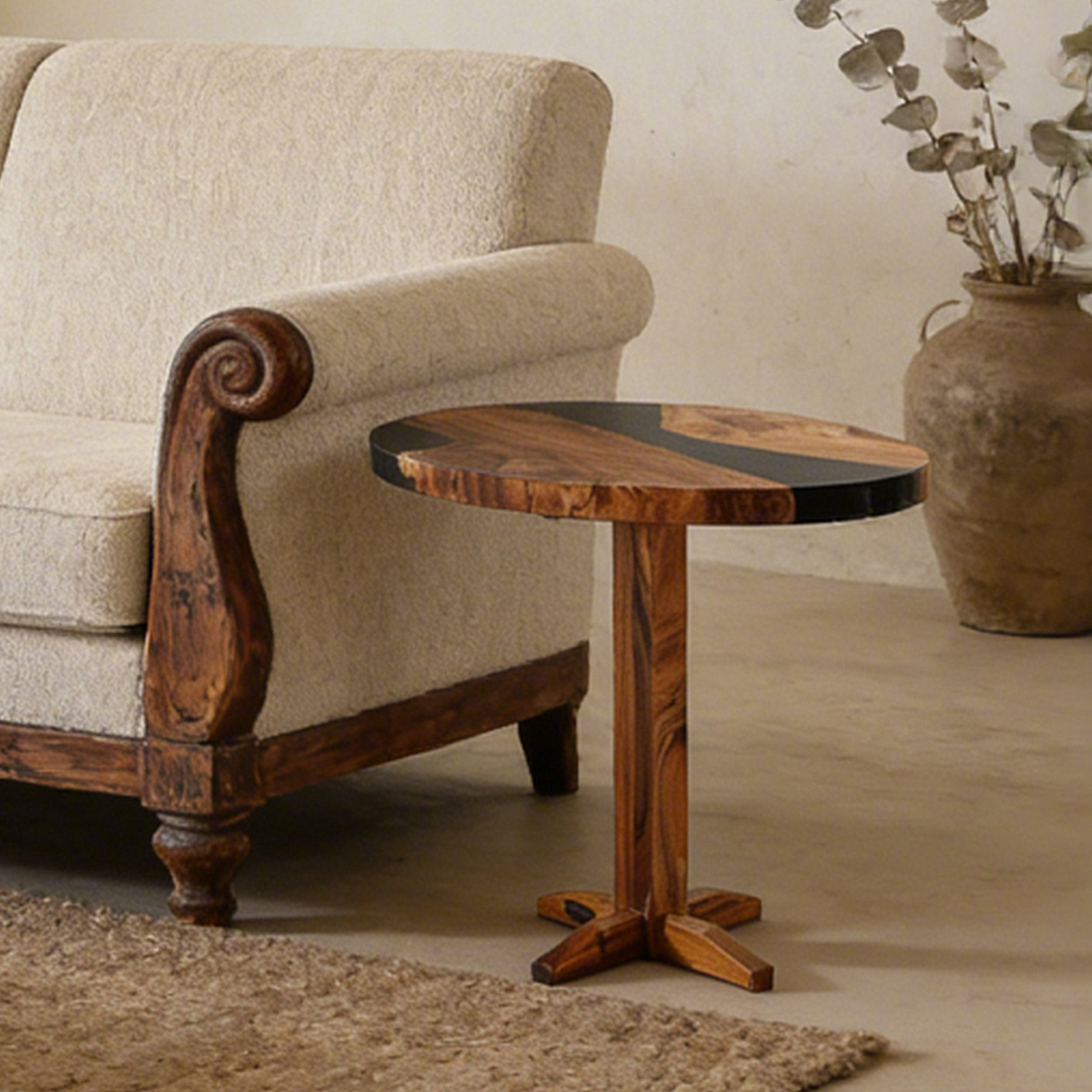 Walnut Wood Black River Oval Resin Side Table