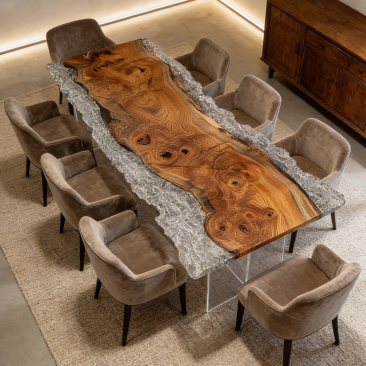 Olive Burl Wood Silver Metallic Epoxy Live Edge Dining Table
