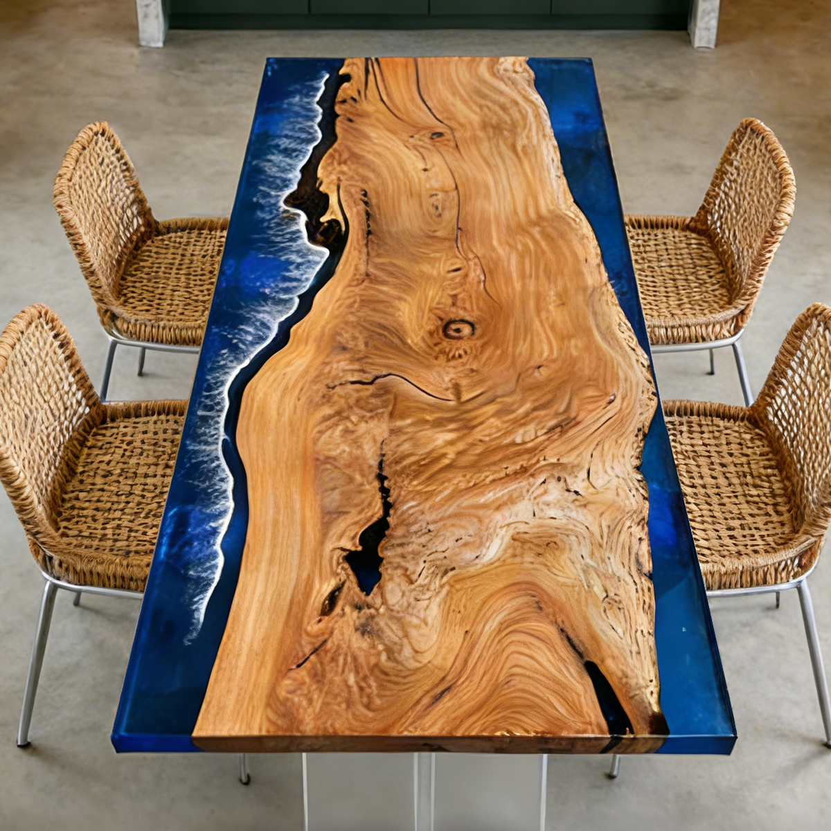 Rectangle Olive Wood Blue Epoxy Resin Ocean Wave Dining Table