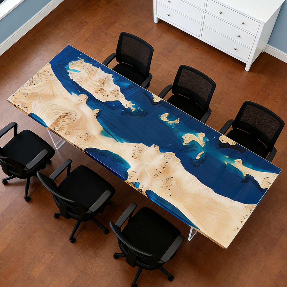 Poplar Wood Blue Ocean Rectangle Resin Conference Table