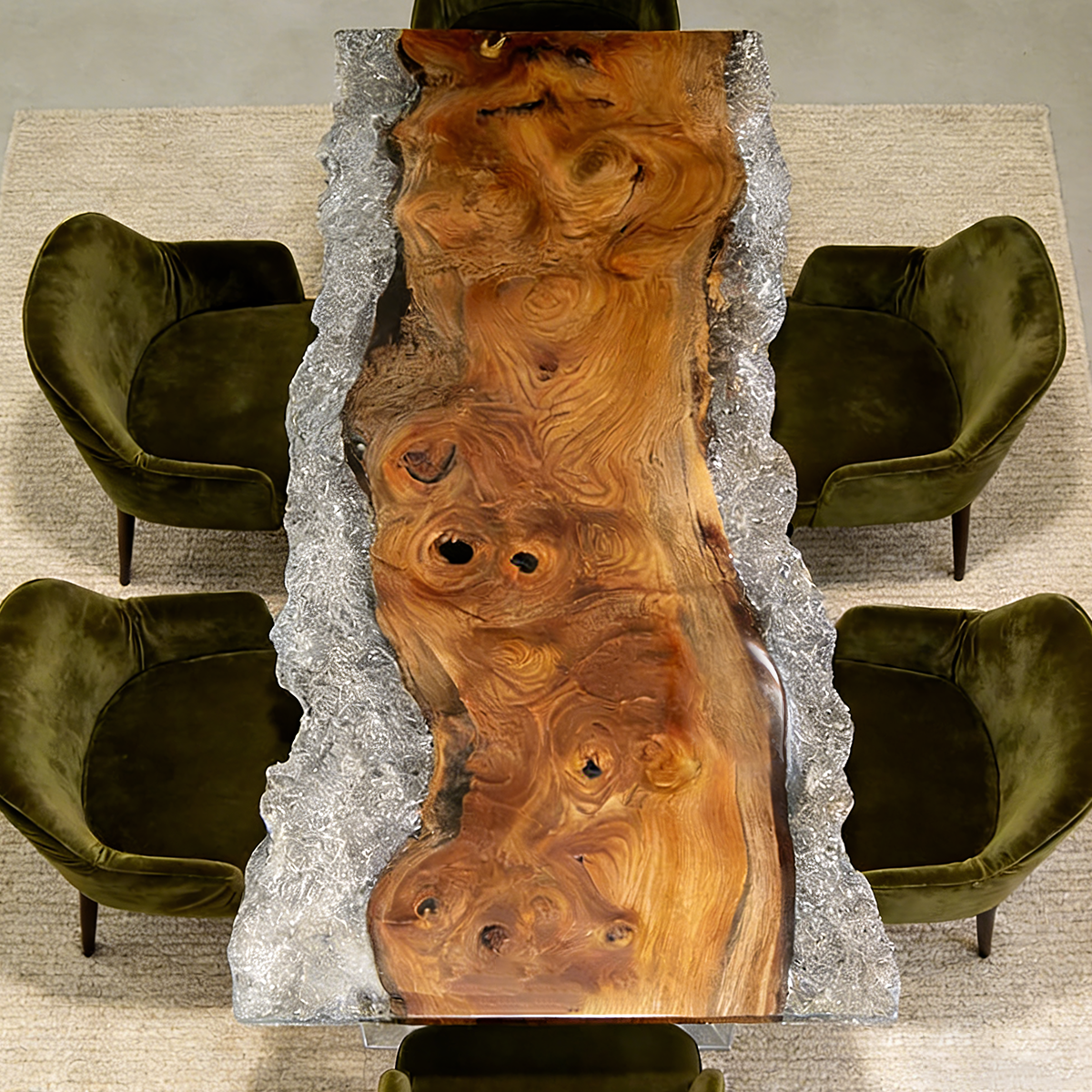 Olive Burl Wood Silver Metallic Epoxy Live Edge Dining Table