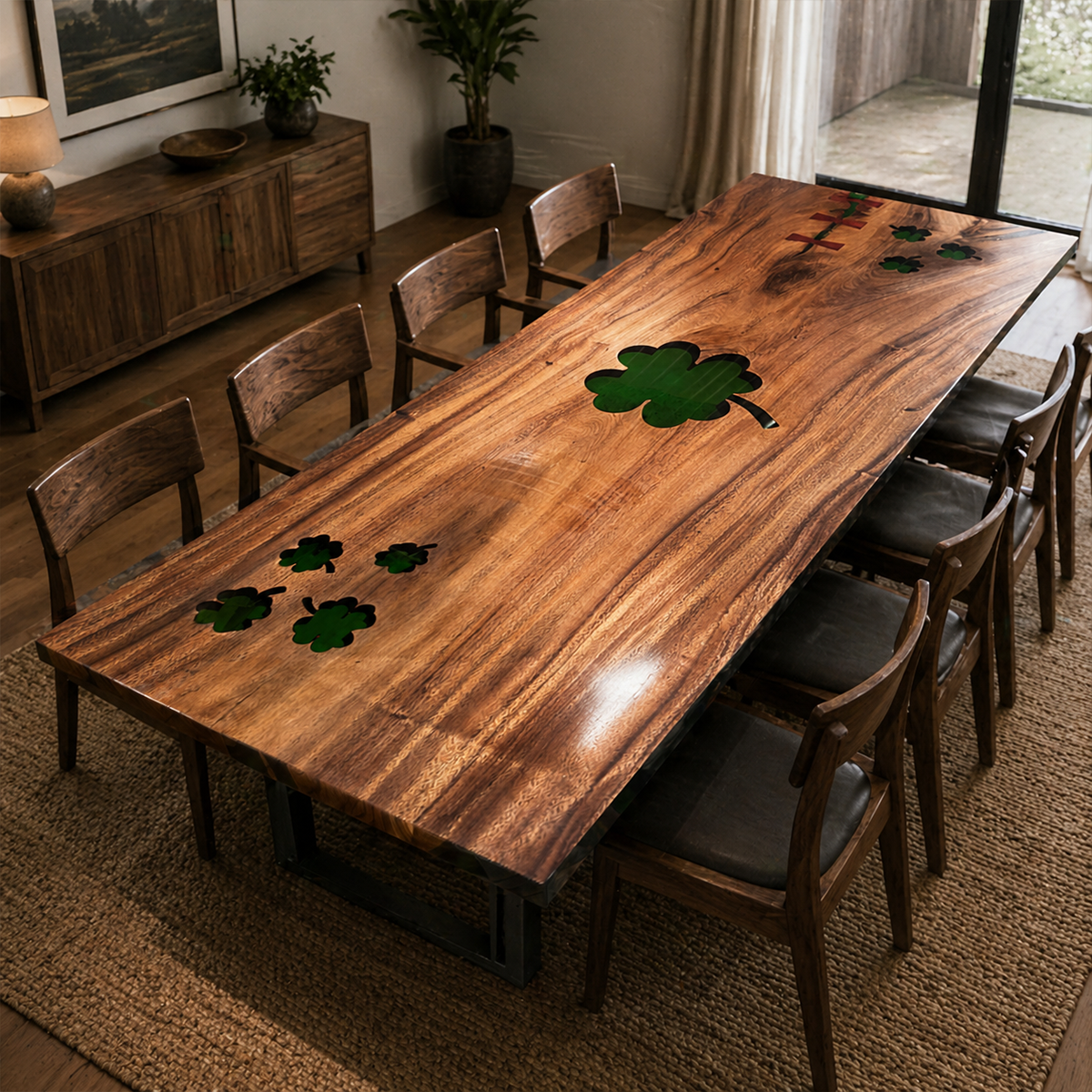 Walnut Wood Shamrock Inlay  Epoxy Resin Dining Table