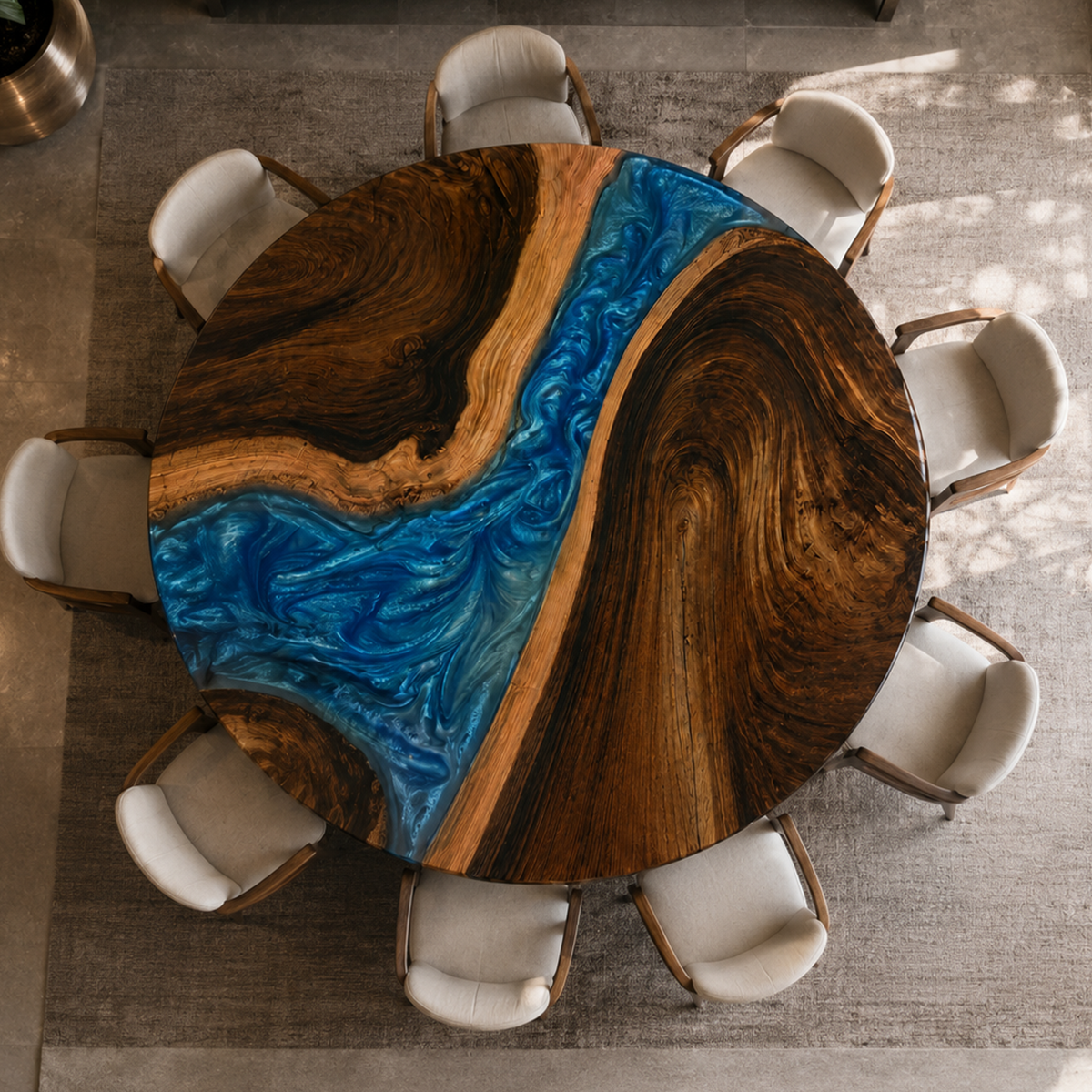 Black Walnut with Swirl Blue Epoxy Resin Round Table