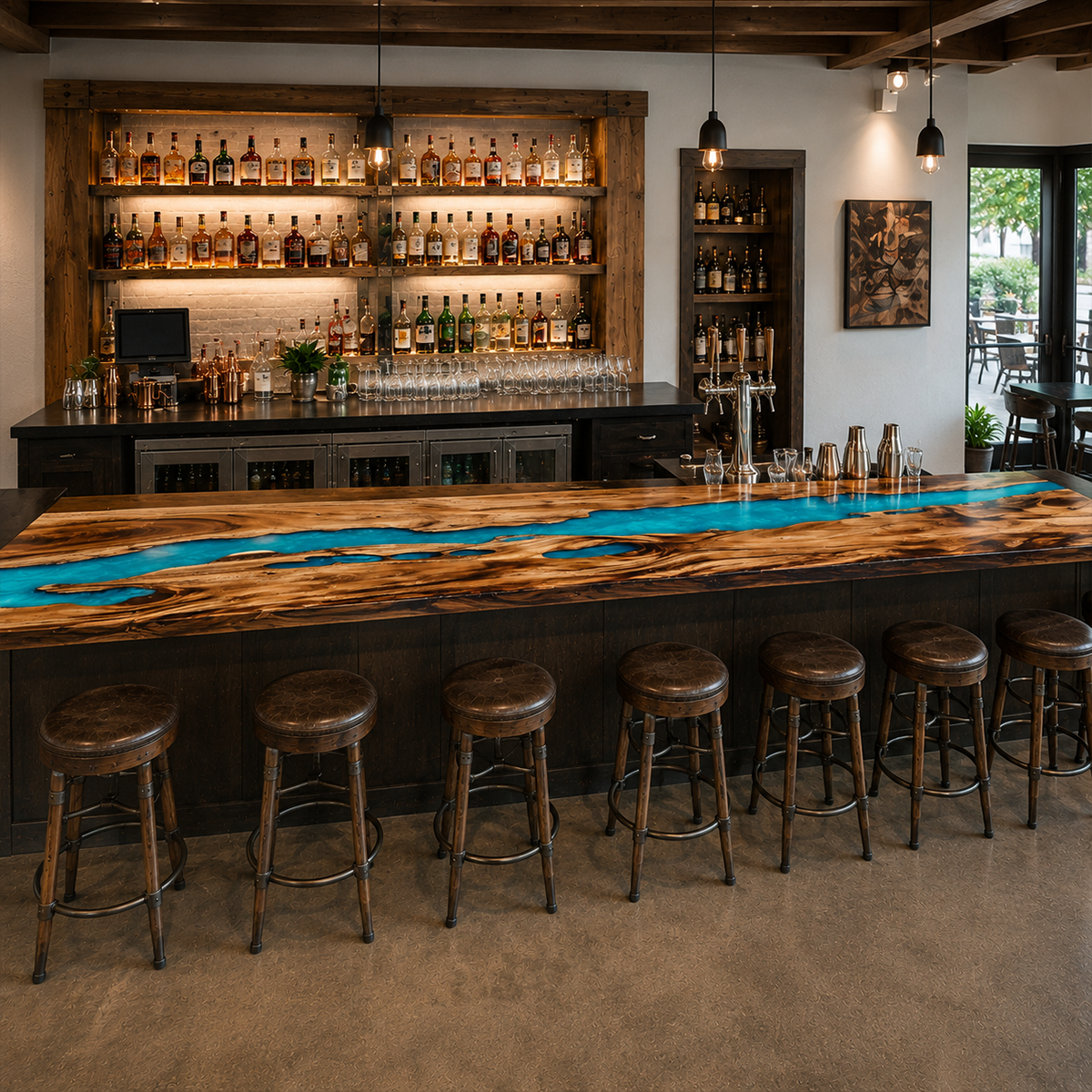 Walnut Wood Ocean Wave Inlay Counter Height Epoxy Resin Bar Table