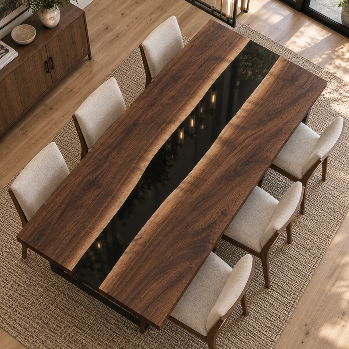 Handcrafted Black Walnut Black River Epoxy Resin Table for Dining Room