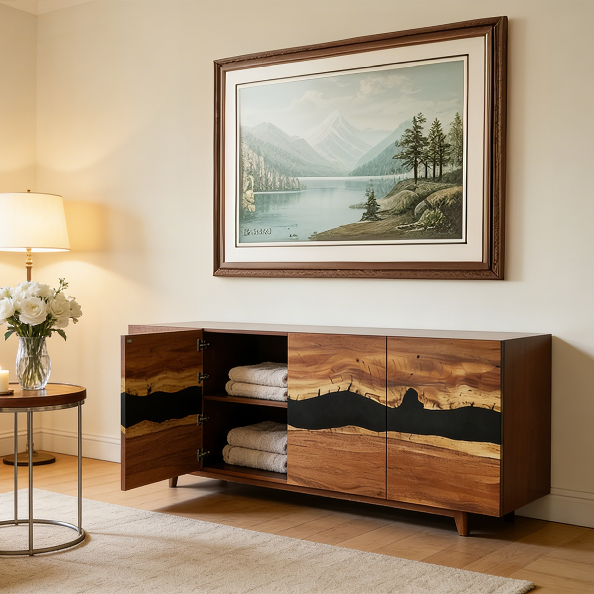 Walnut Wood Black River Rectangle Resin Storage