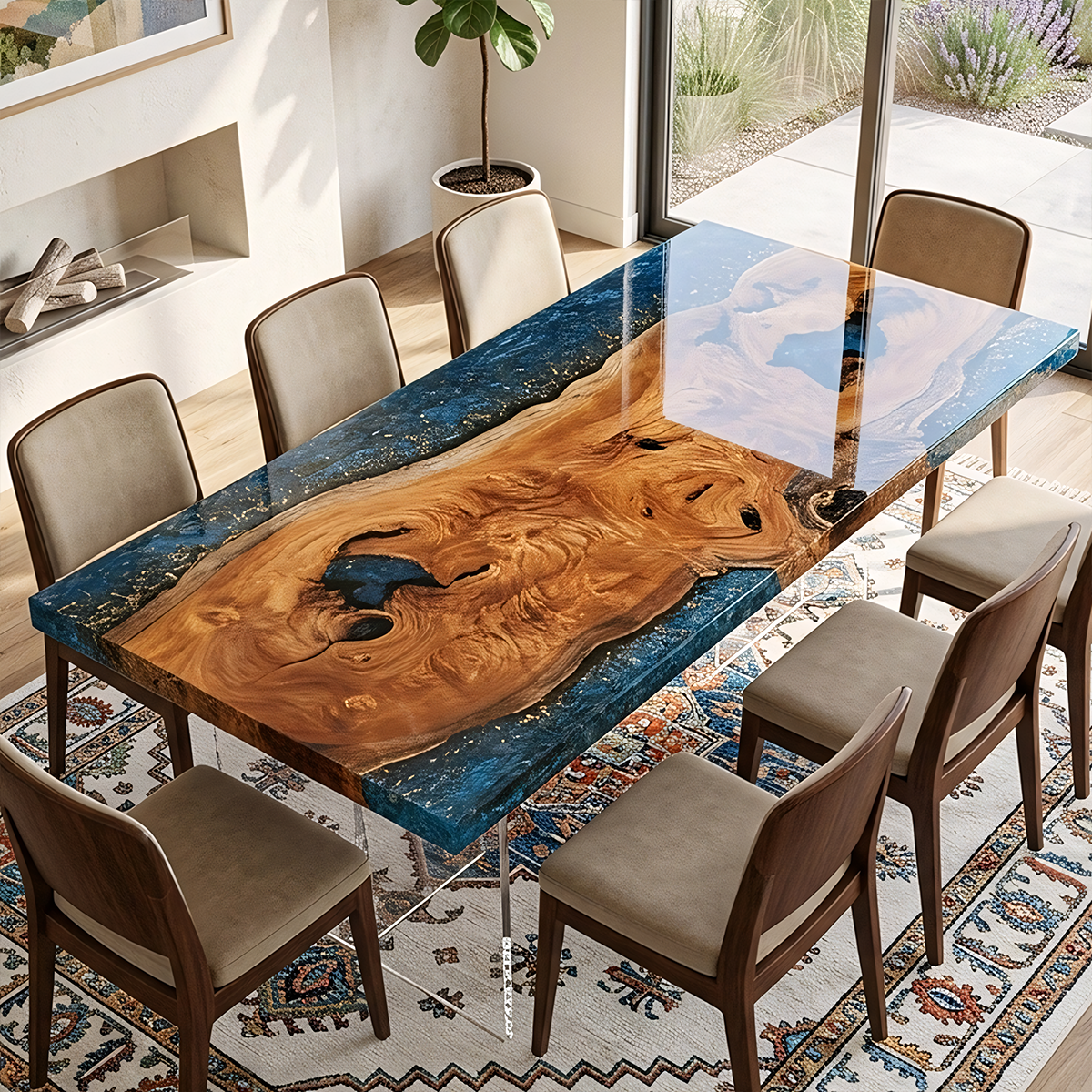 Rectangle Burl Wood Blue Epoxy Resin River Dining Table