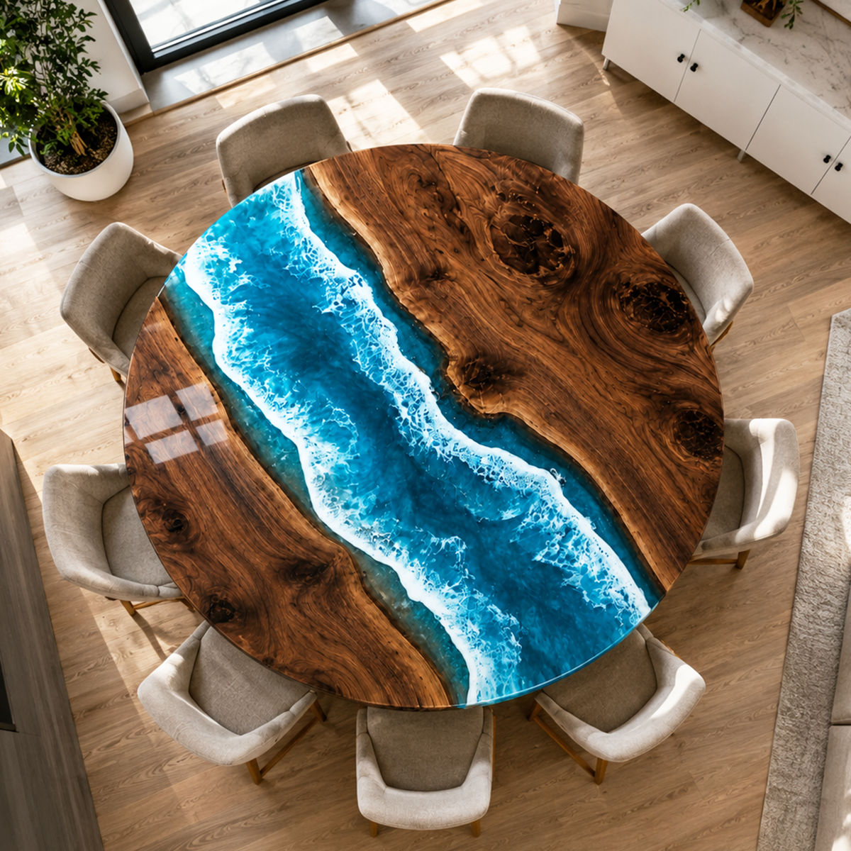 Black Walnut with Blue Wave Epoxy Resin Round Table