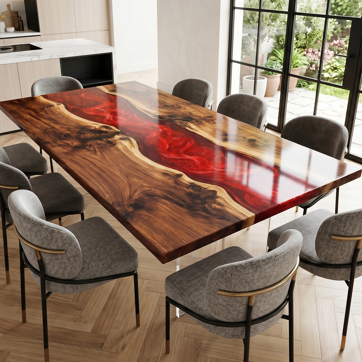 Black Walnut Deep Red Swirl Epoxy Resin River Dining Table