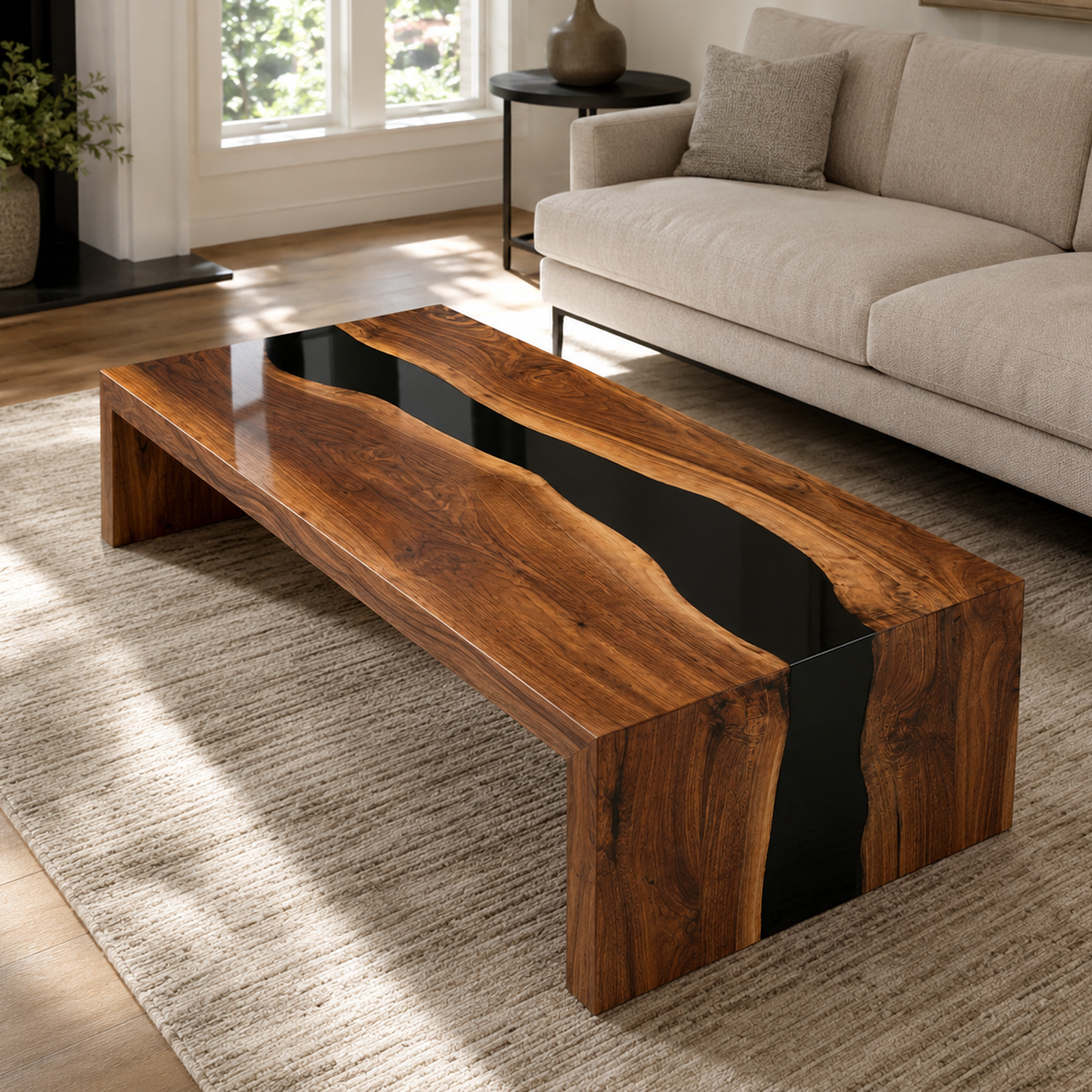 Walnut Wood Black River Epoxy Resin Waterfall Coffee Table