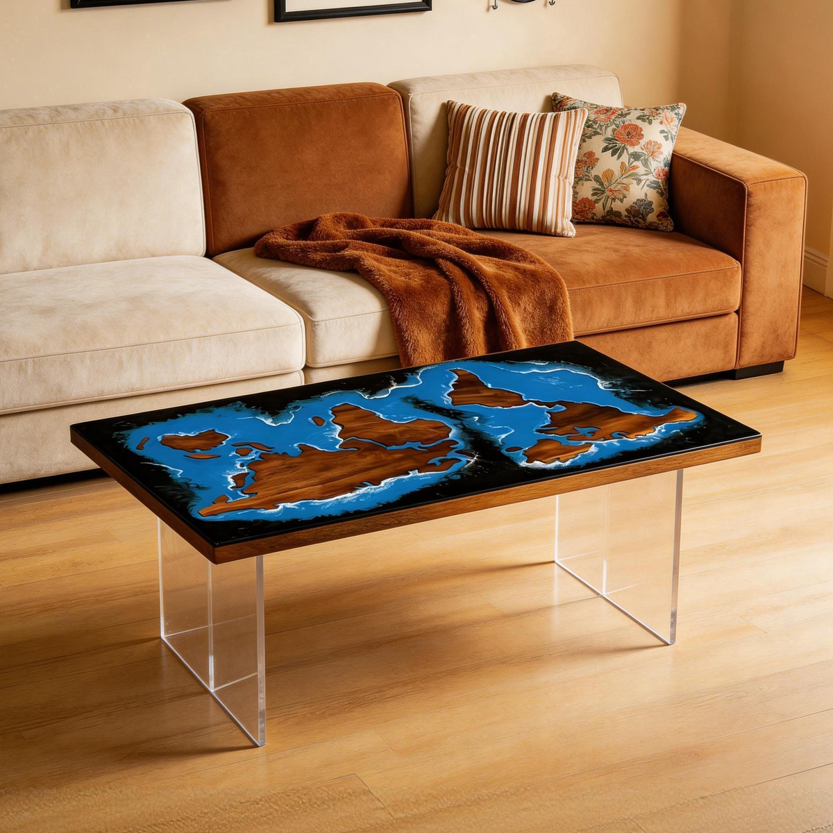 Walnut Wood Blue Ocean World Map Resin Coffee Table