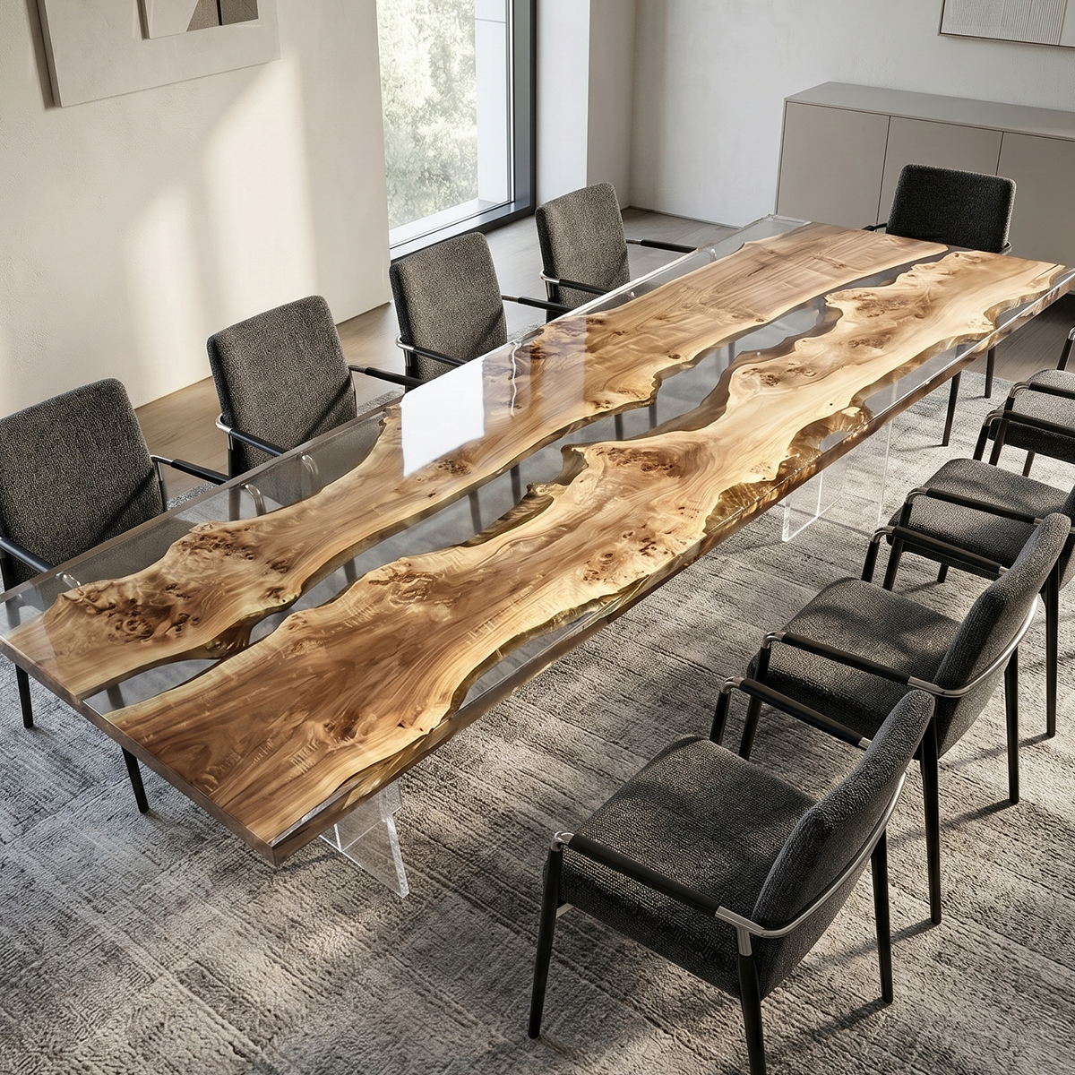 Poplar Burl Clear Epoxy Resin River Conference Table