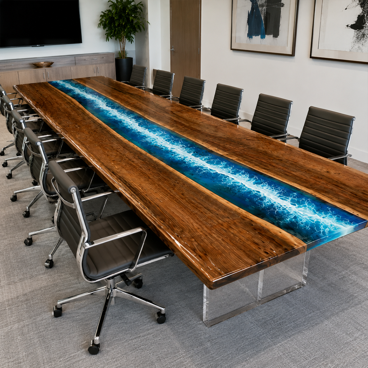 Black Walnut with Blue Wave Epoxy Resin Conference Table