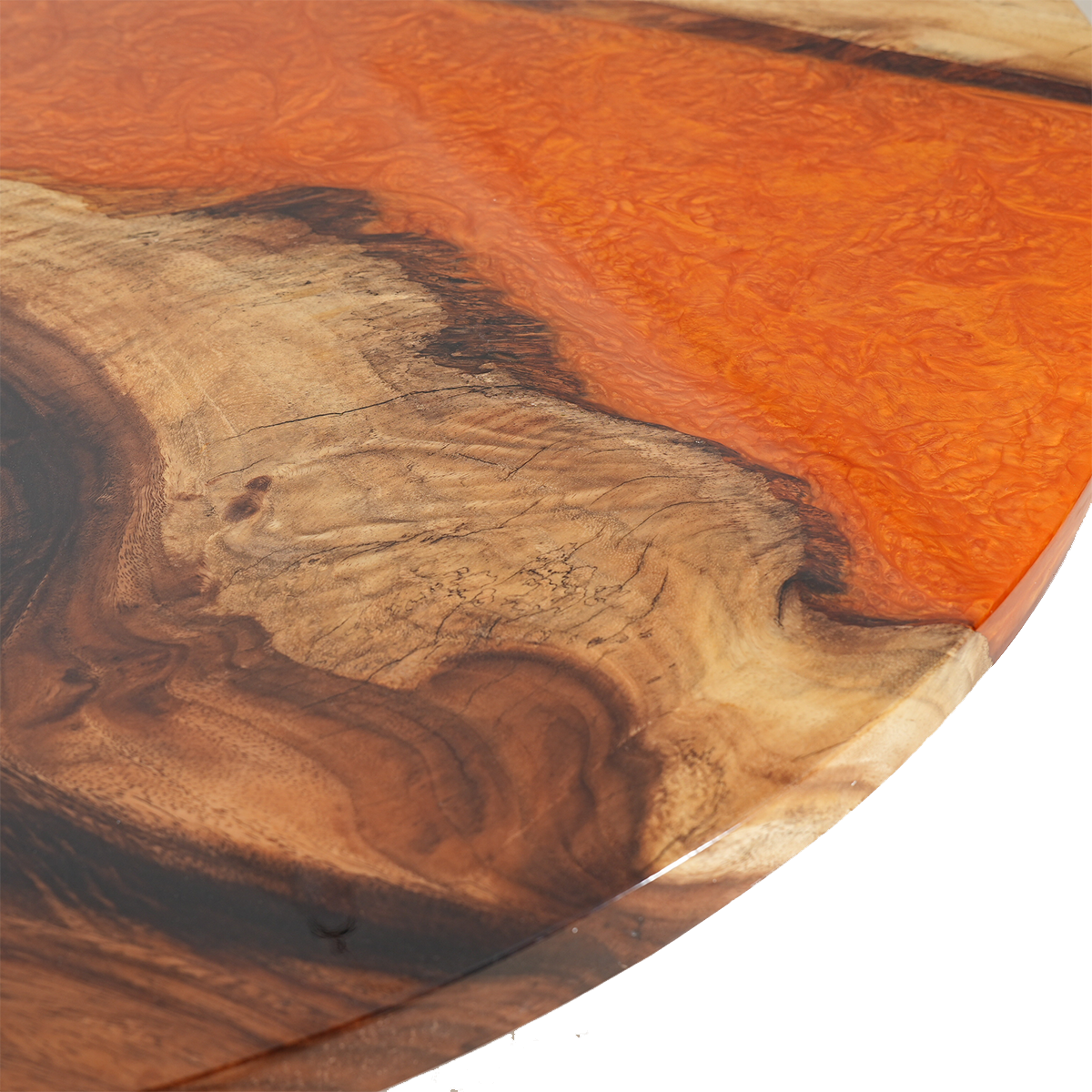 Walnut Wood Round Orange Resin Side Table