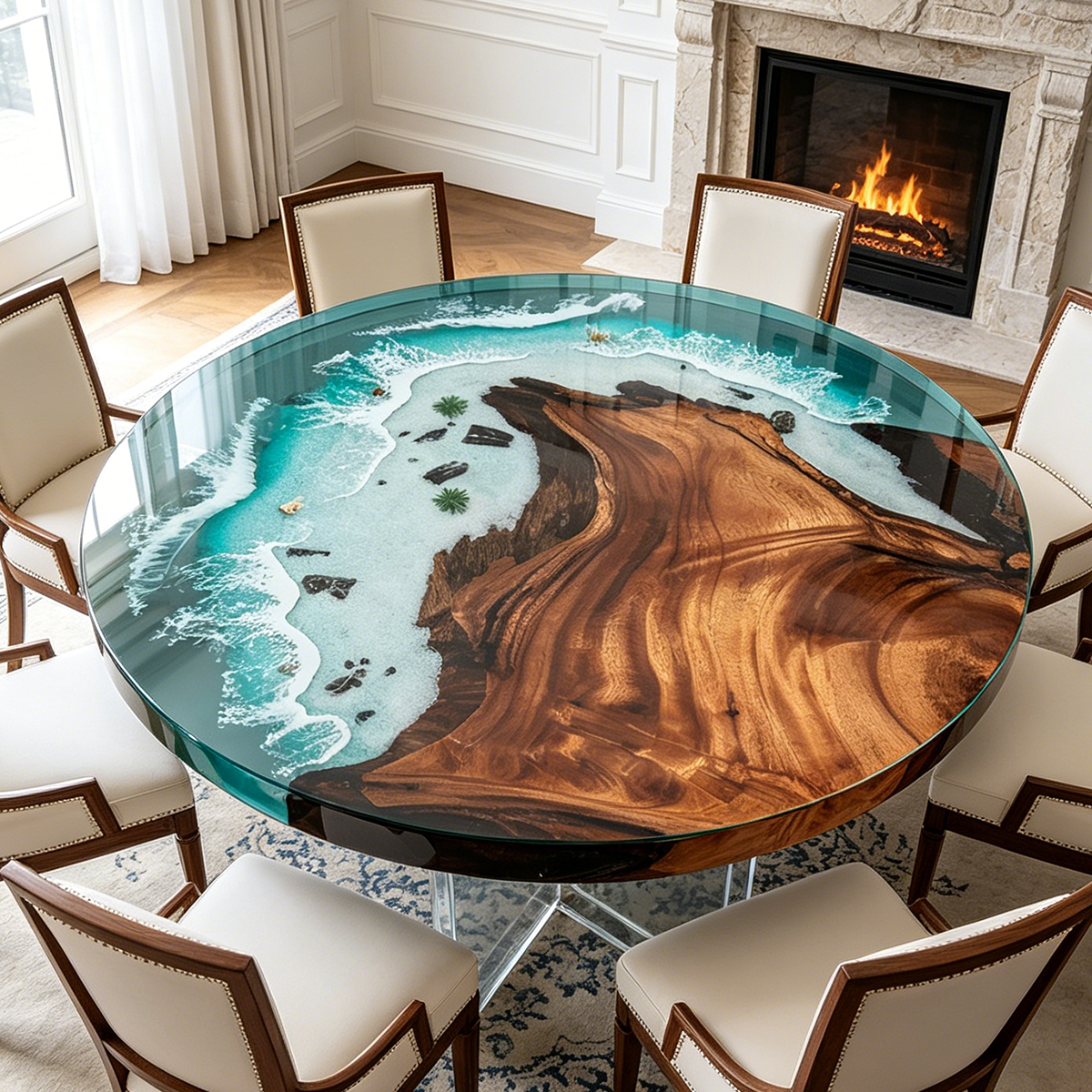 Walnut Wood Blue Wave Resin Round Table