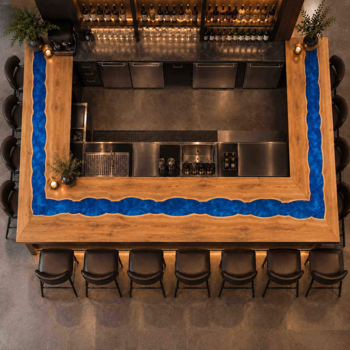 Walnut Wood Blue Epoxy L-Shape Bar Table for Restaurant