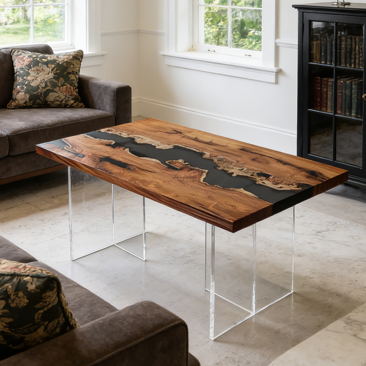 Burl Wood Black River Rectangle Resin Coffee Table