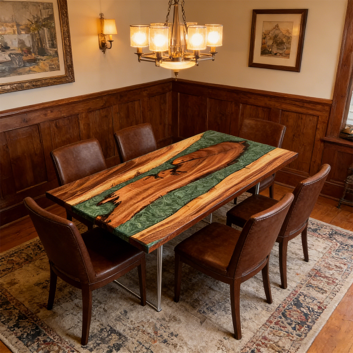 Walnut Wood Green River Rectangle Epoxy Resin Dining Table