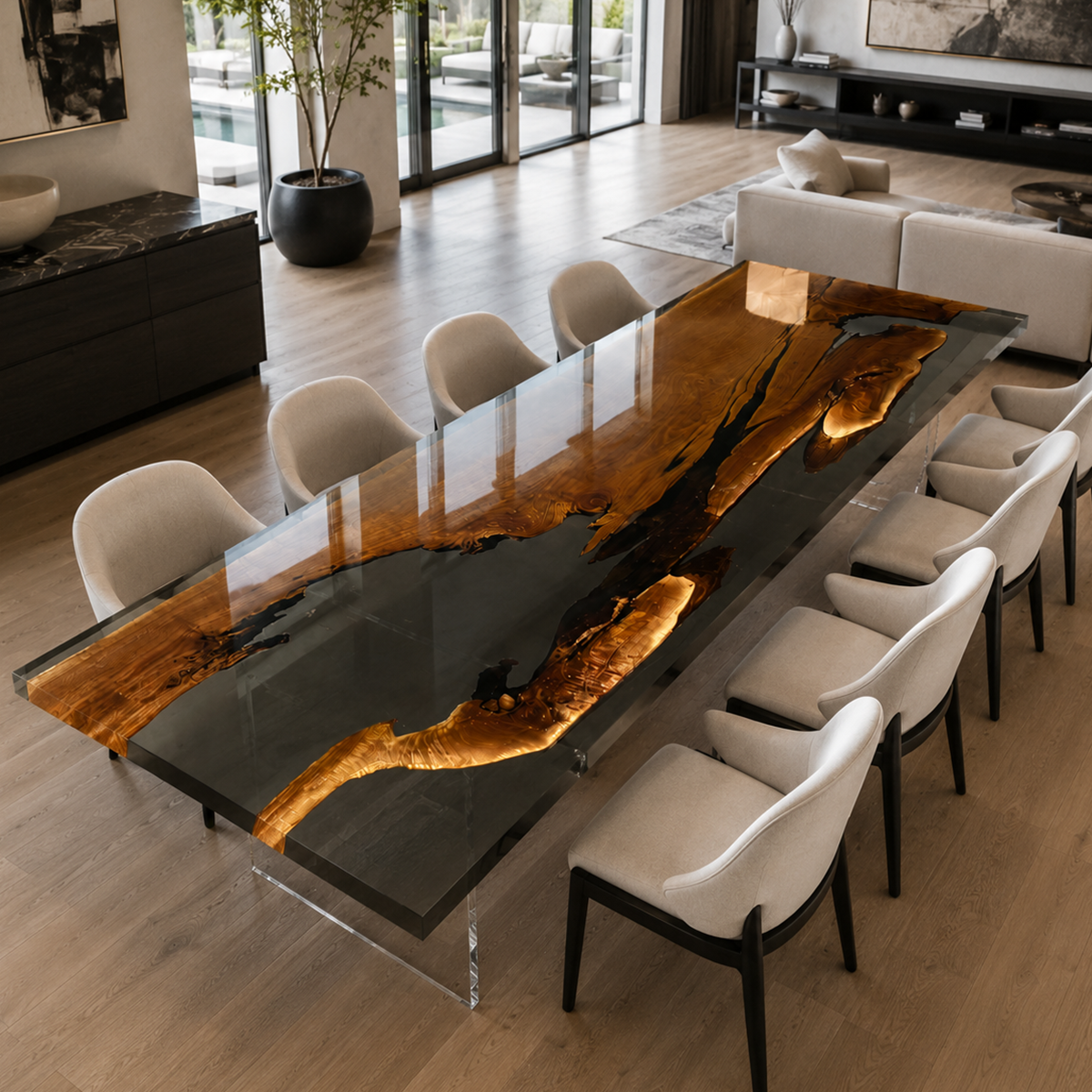 Black Walnut Wood with Black Transparent Epoxy Resin Dining Table 39.4"W x 137.8"L Thickness 2.4"