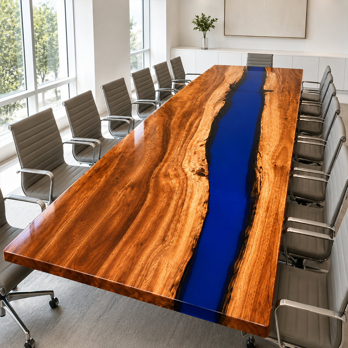 Walnut Wood with Blue Epoxy Resin Conference Table