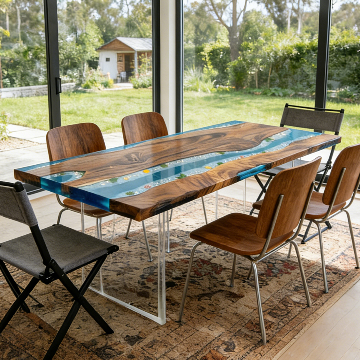 Walnut Wood Blue River Rectangle Epoxy Resin Dining Table