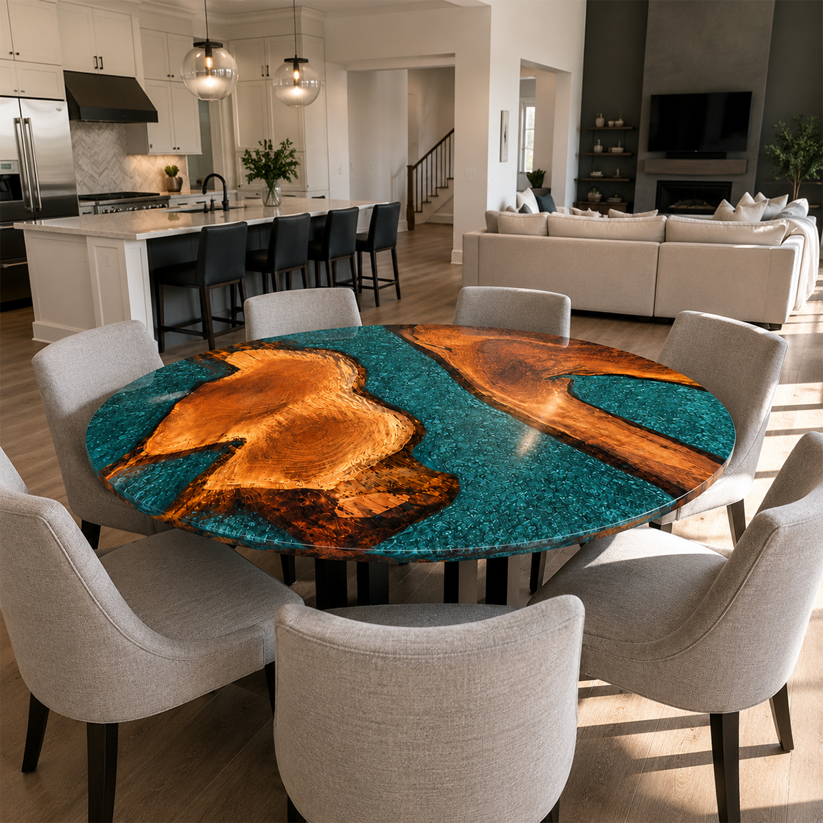 Walnut Wood Teal Resin Round Table