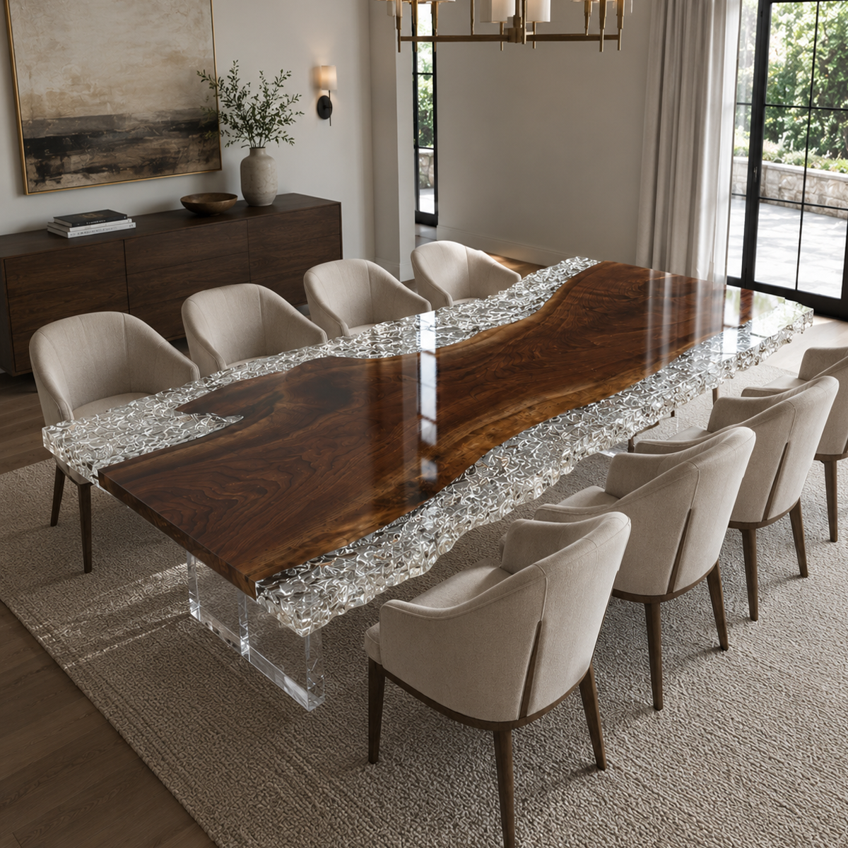 Black Walnut Wood Crushed Ice Clear Edge Epoxy Resin Dining Table 37.4"W x 93.7"L Thickness 2.0"