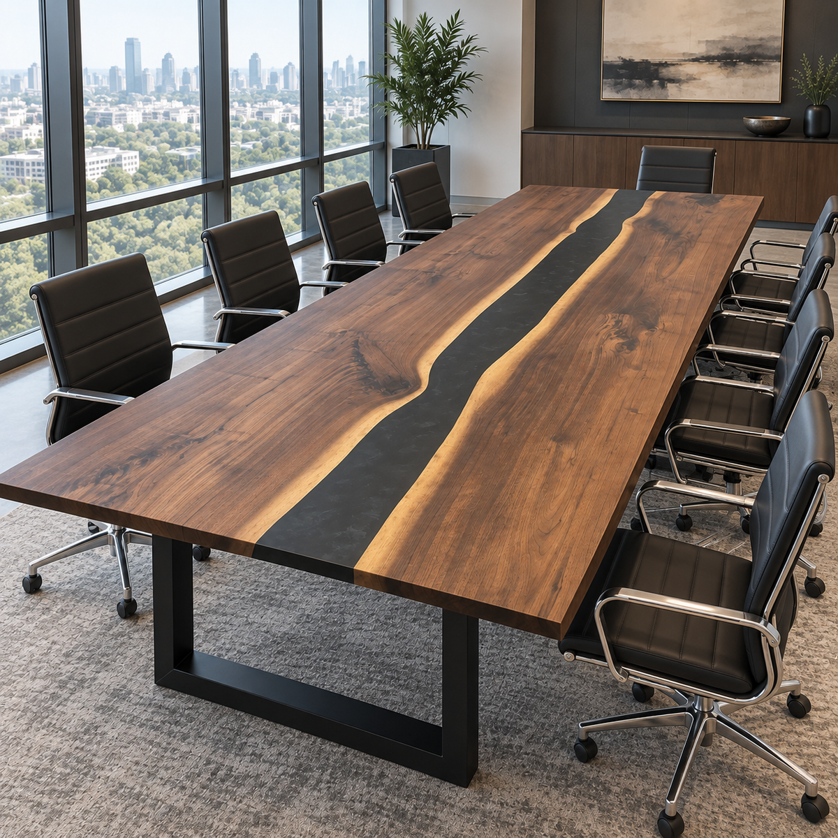 Black Walnut River Epoxy Conference Table with Matte Black Resin