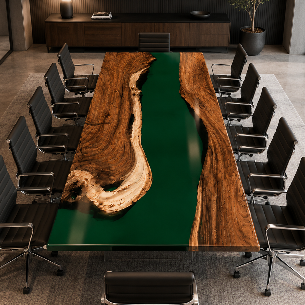Walnut Wood with Green Epoxy Resin Conference Table