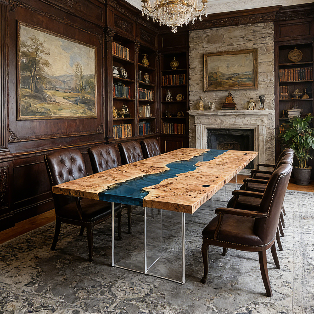 Poplar Wood  Rectangle Blue River  Resin Conference Table
