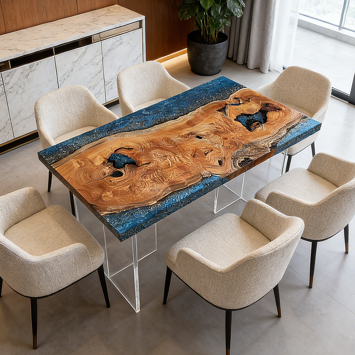 Maple Burl Wood Blue Epoxy Resin Dining Table with Gold Flakes