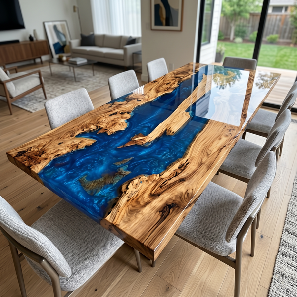 Olive Wood Ocean Blue Epoxy Resin River Dining Table