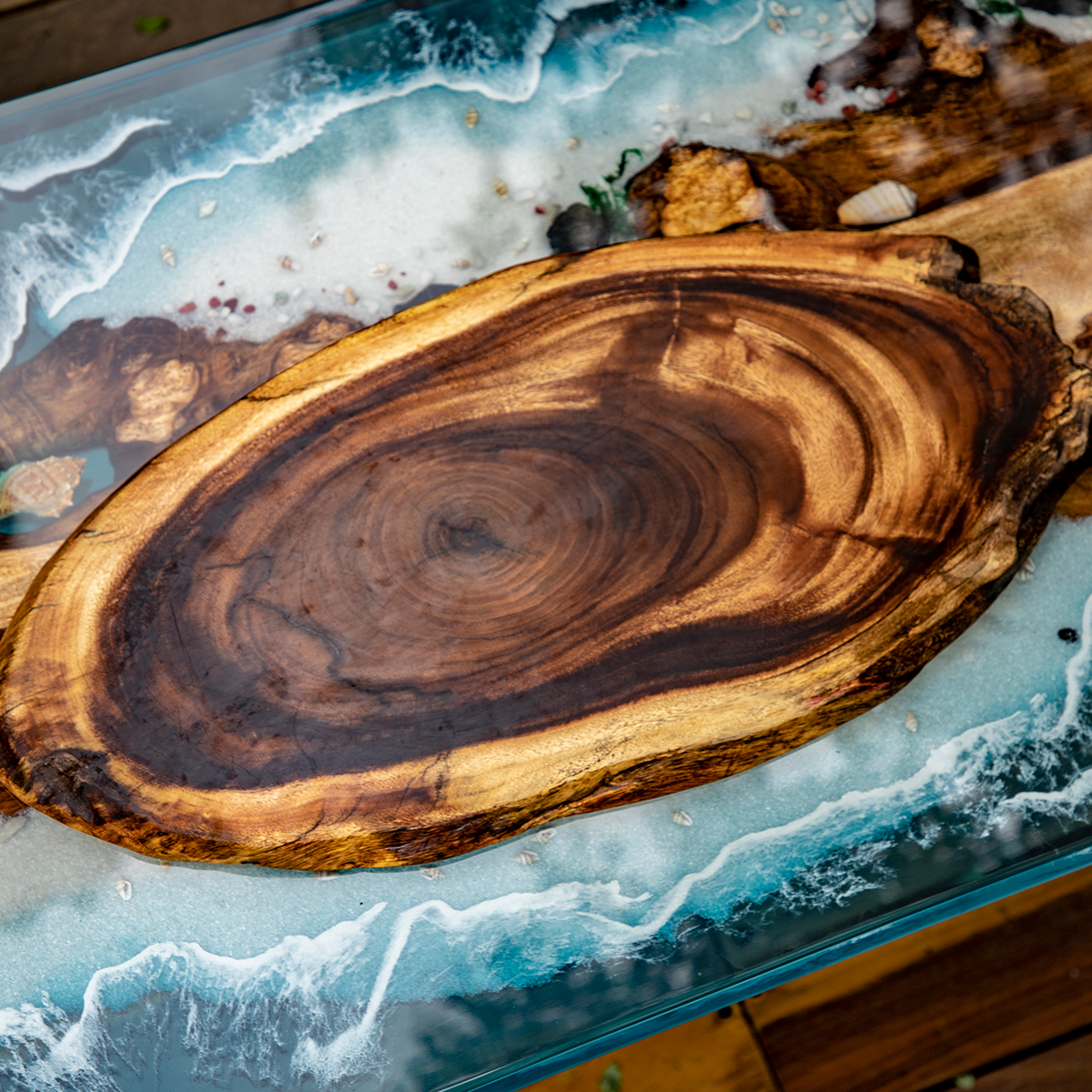 Walnut Wood Ocean Wave Resin Coffee Table