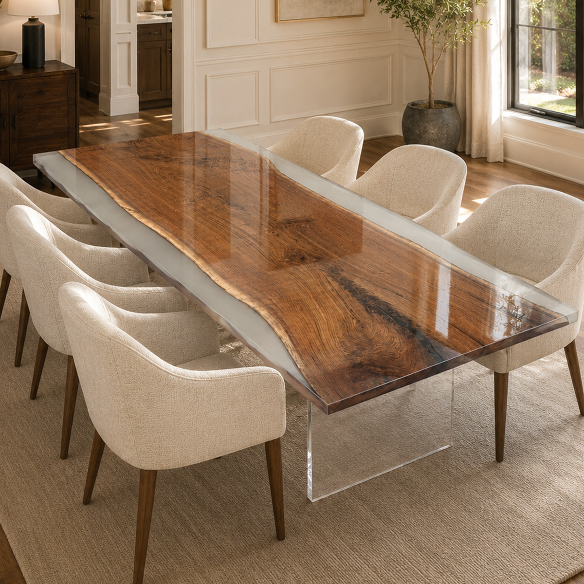 Black Walnut Wood with White Transparent Epoxy Resin Dining Table 35.4"W x 94.5"L Thickness 2.0"