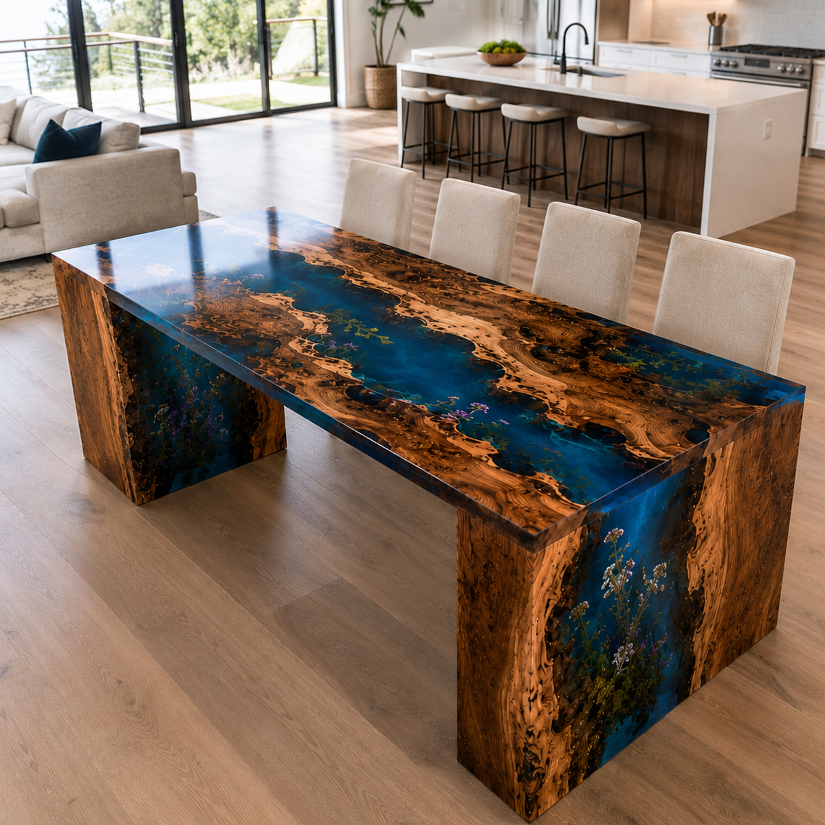 Walnut Wood Flower Blue Epoxy Resin Waterfall Dining Table