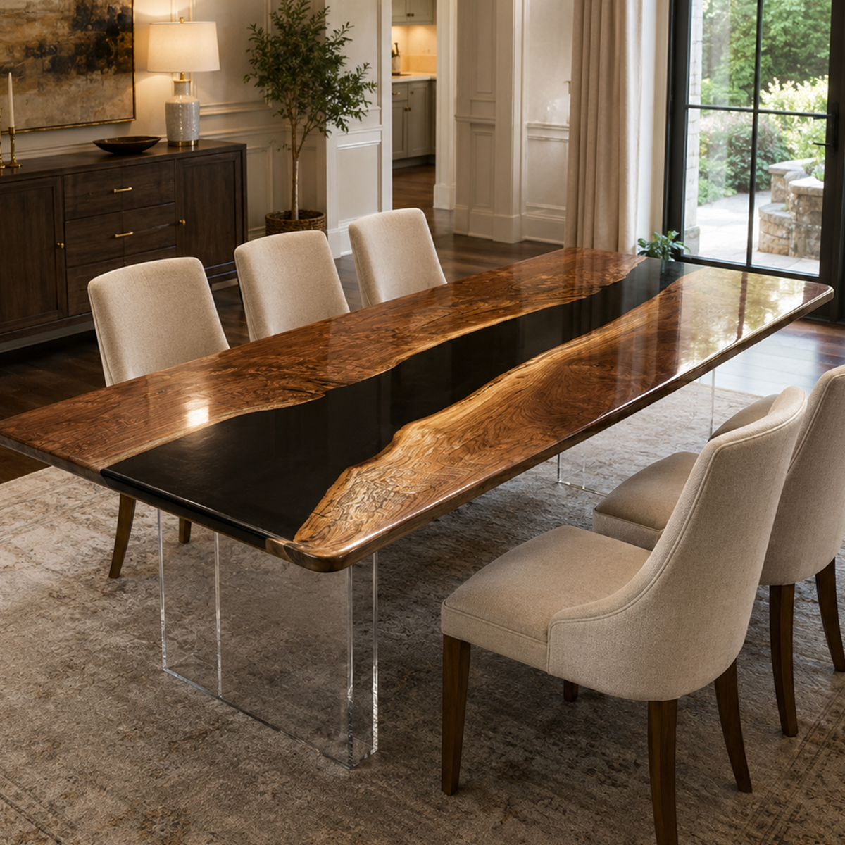Black Walnut with Black Epoxy Resin Dining Table 31.5"W x 70.9"L Thickness 2.0"