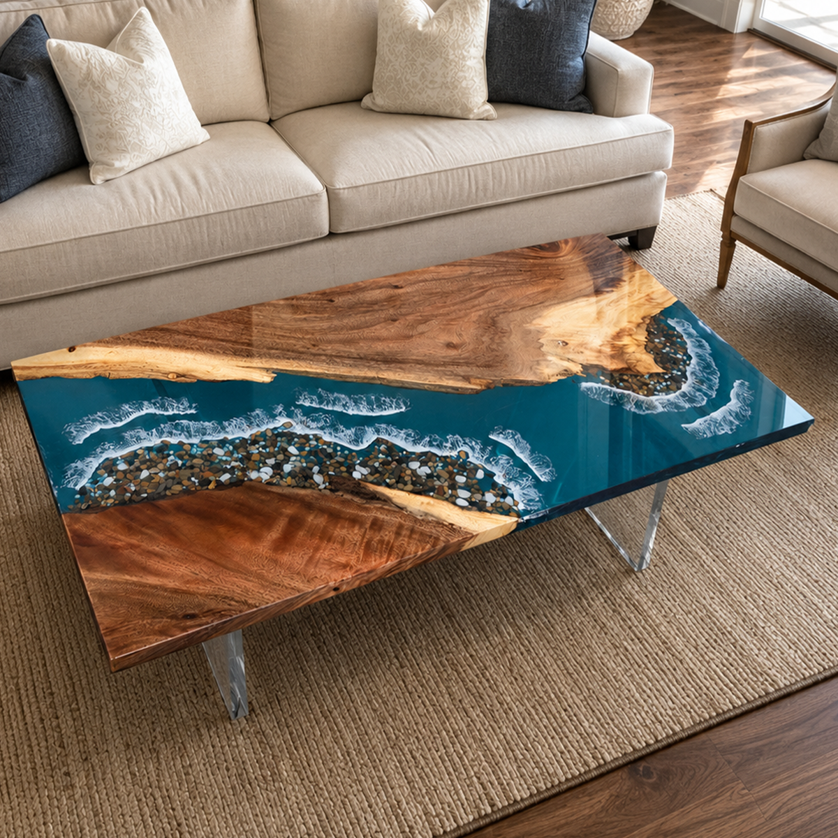 Walnut Wood Teal Ocean Wave Rectangle Resin coffee table
