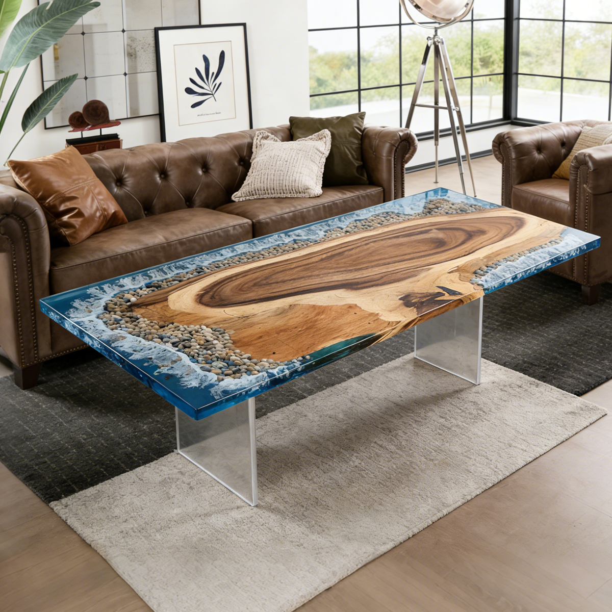 Walnut Wood Ocean Scene Rectangle Resin Coffee Table