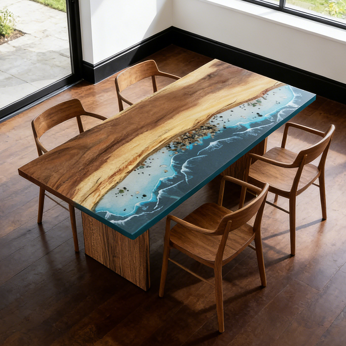 Olive Wood Blue Wave Rectangular Epoxy Resin Dining Table