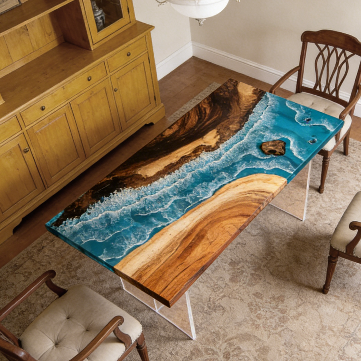 Walnut Wood Blue River Rectangle Epoxy Resin Dining Table