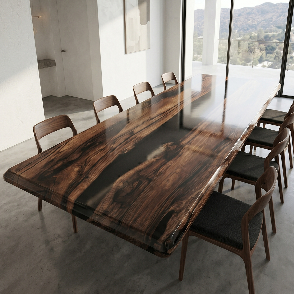 Walnut Wood Black Epoxy Resin River Dining Table
