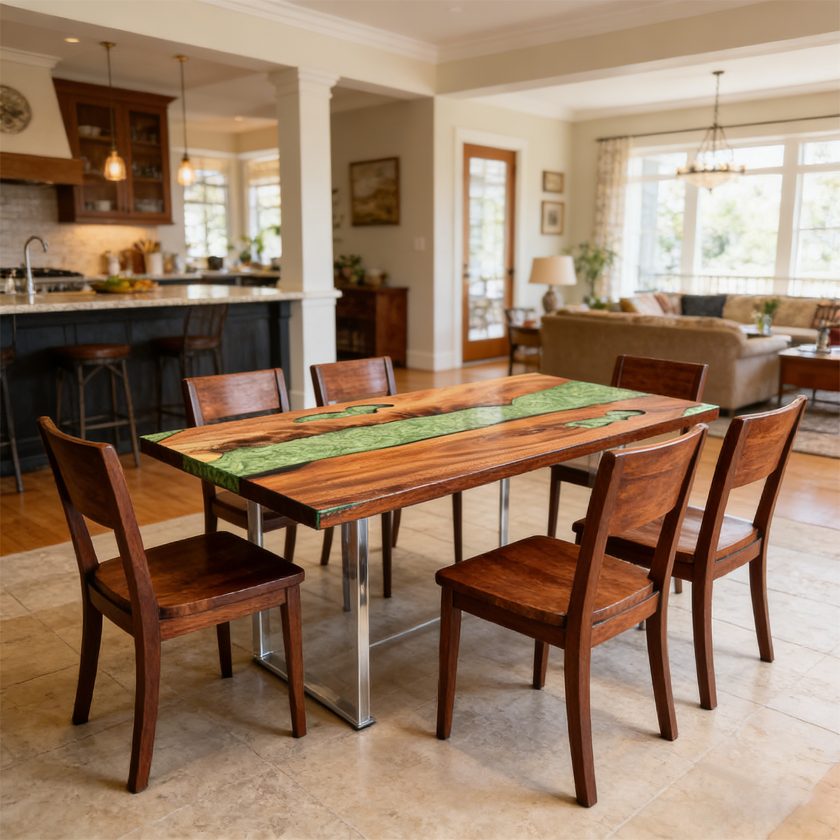 Walnut Wood Green Epoxy River Dining Table
