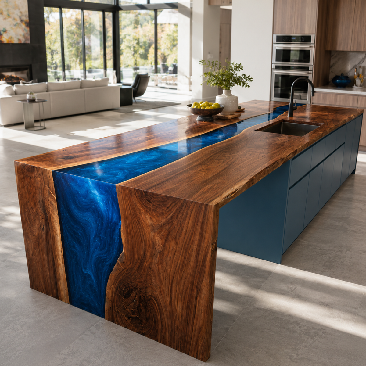 Walnut Wood Swirling Blue Epoxy Resin Table and Kitchen Bar Cabinet