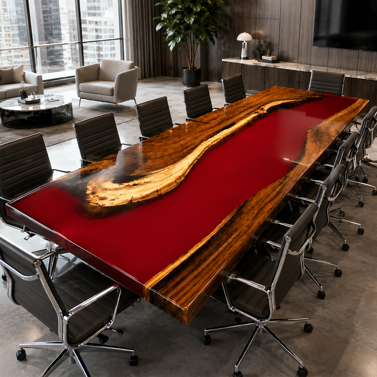 Walnut Wood with Red Epoxy Resin Conference Table