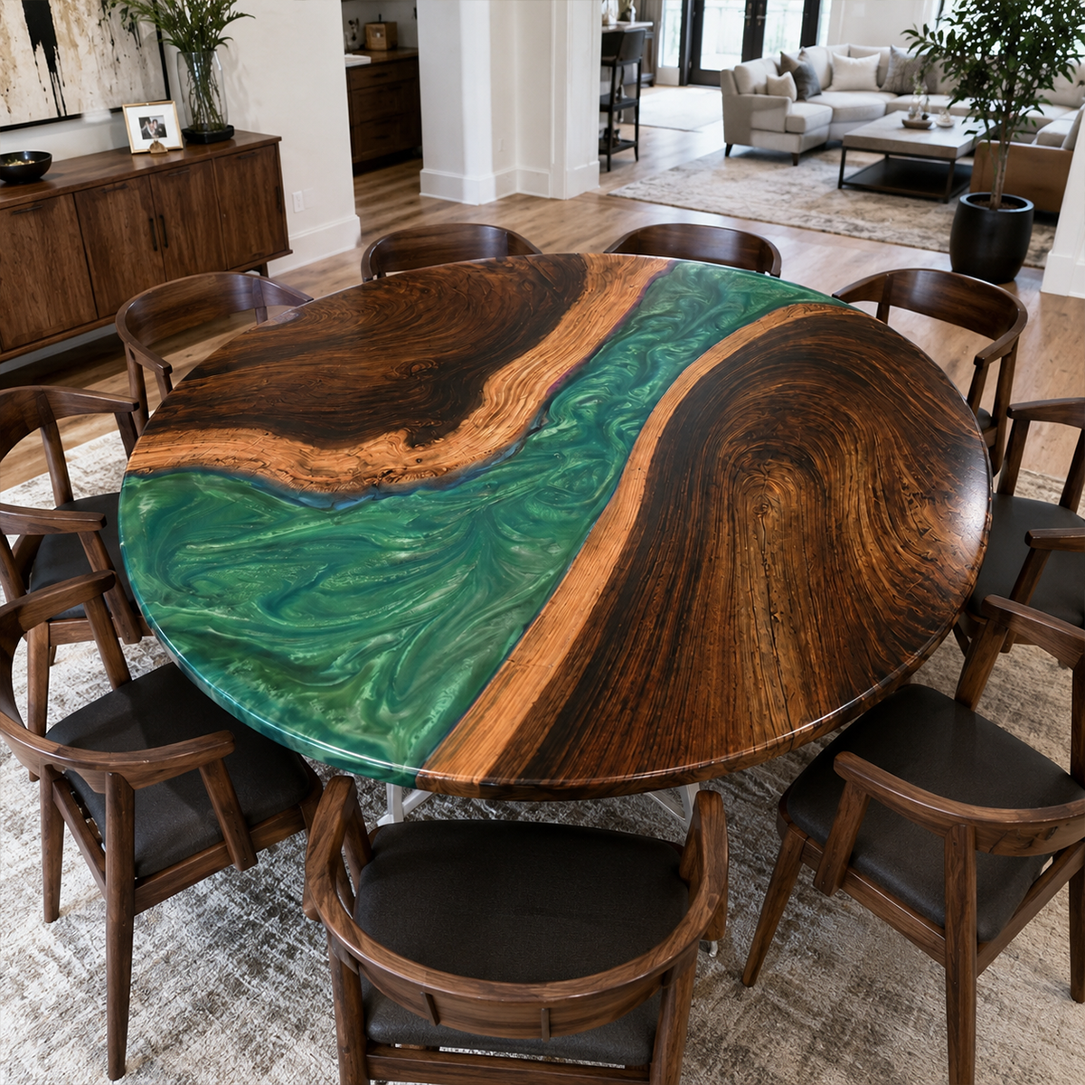Black Walnut with Swirl Green Epoxy Resin Round Table