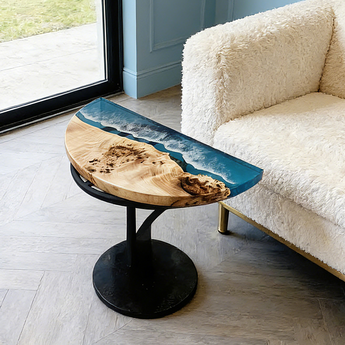 Poplar Wood Ocean Wave Semi-circle Side Table